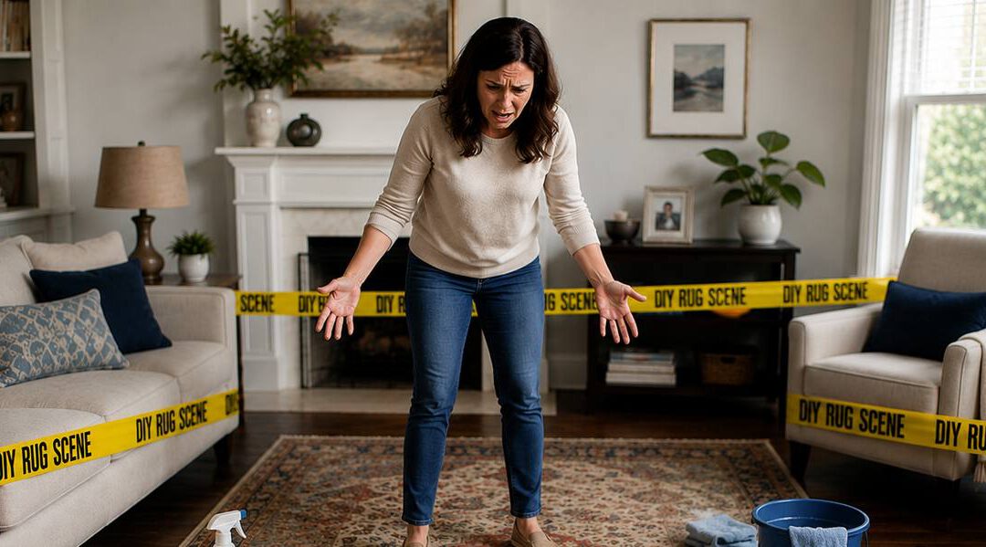 Homeowner standing frustrated over her area rug during a DIY cleaning attempt, room taped off with DIY RUG SCENE caution tape